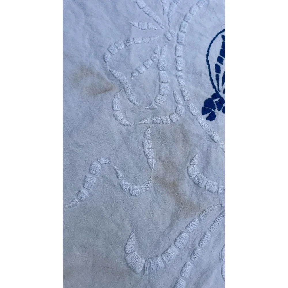 Vintage Art Deco Era Scalloped Linen Embroidered Tablecloth Lady Flapper Blue